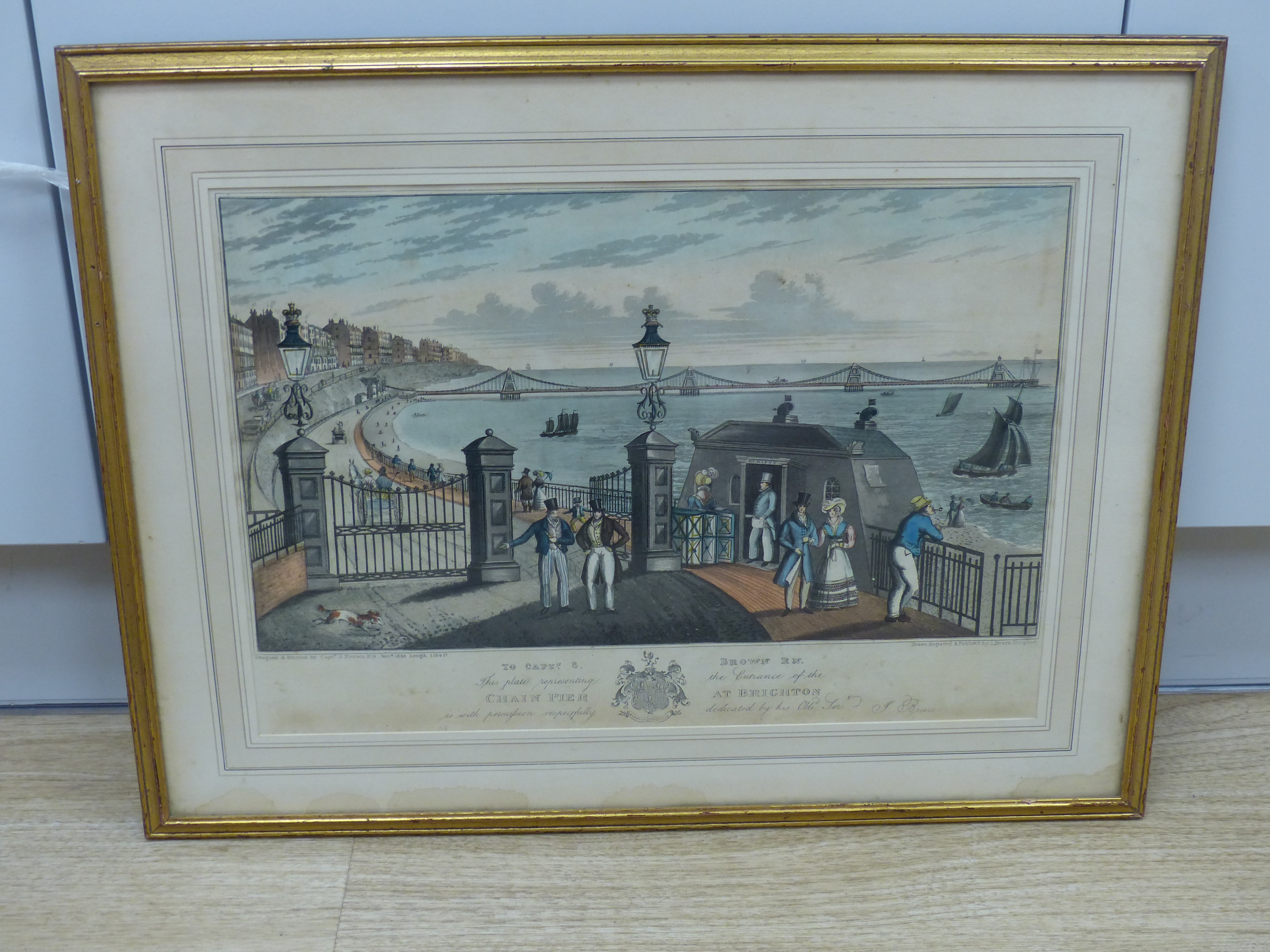 J. Bruce (19thC), coloured aquatint, The Chain Pier, Brighton, overall 28 x 40cm